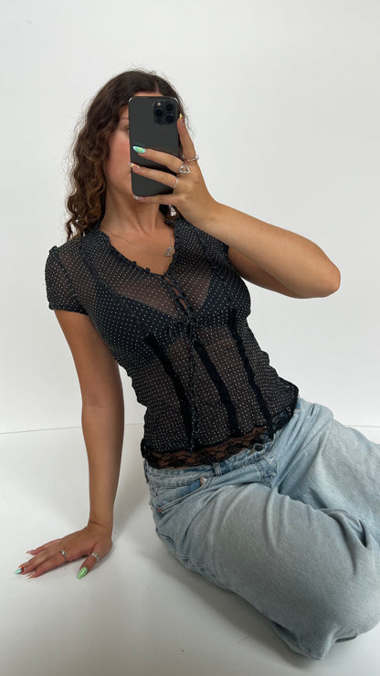 00s black polka dot top- size S