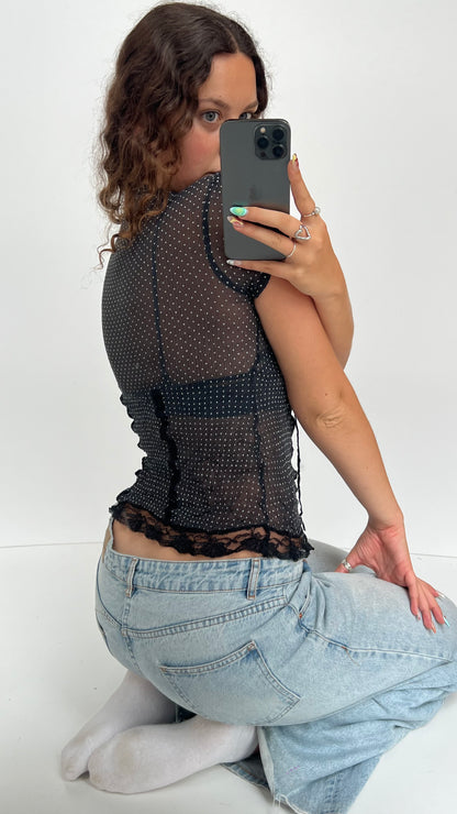 00s black polka dot top- size S