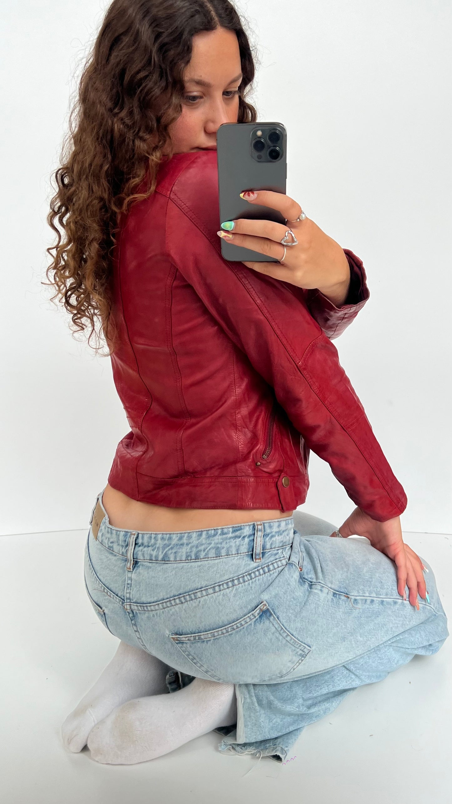 00s red leather jacket- size M