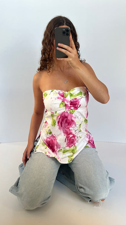 00s white pink floral top- size L