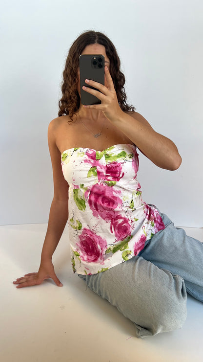 00s white pink floral top- size L