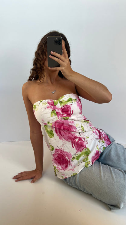 00s white pink floral top- size L