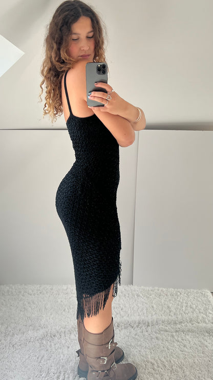 00s black beaded crochet midi dress- size S