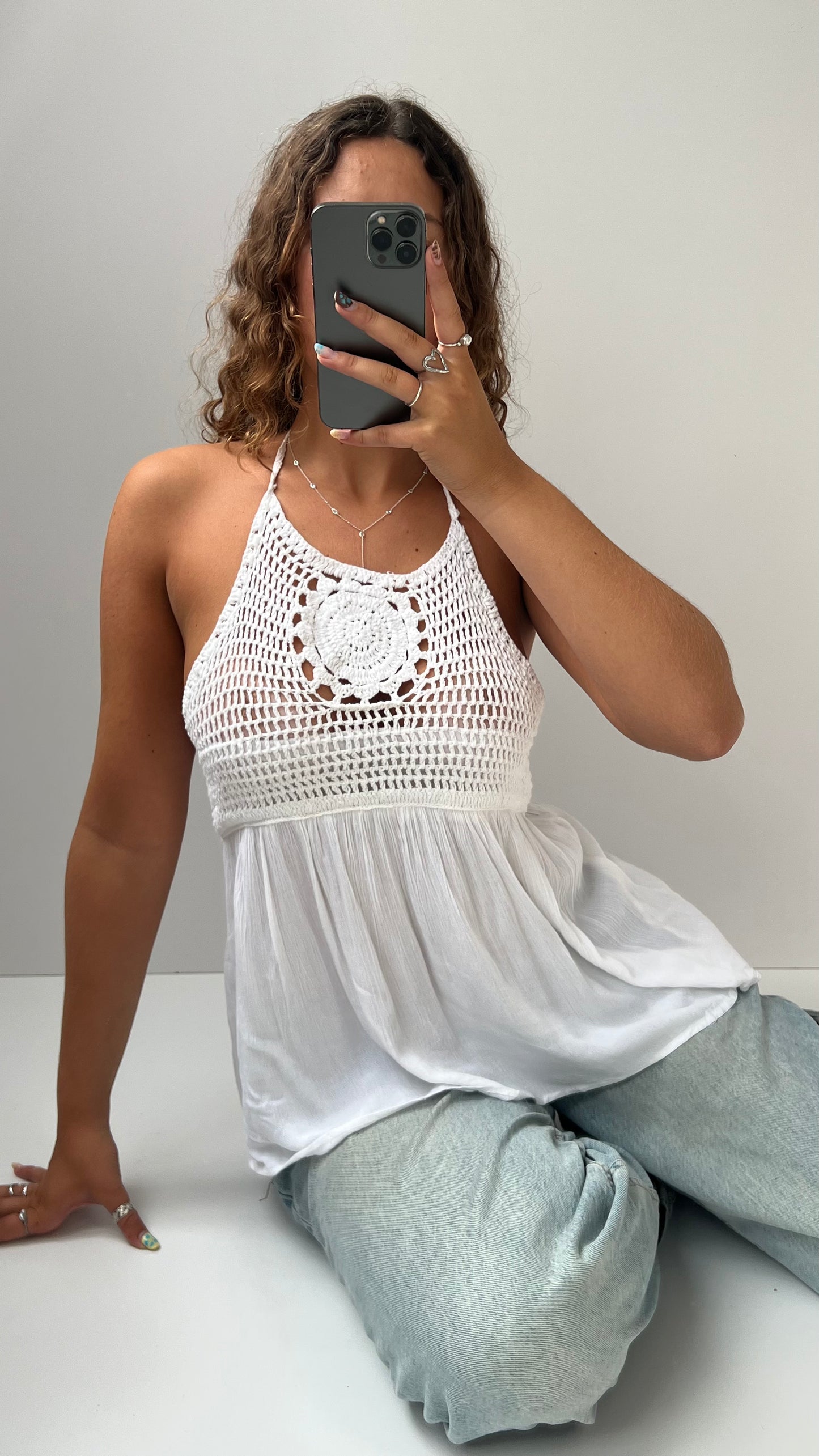 00s white crochet babydoll cami- size L