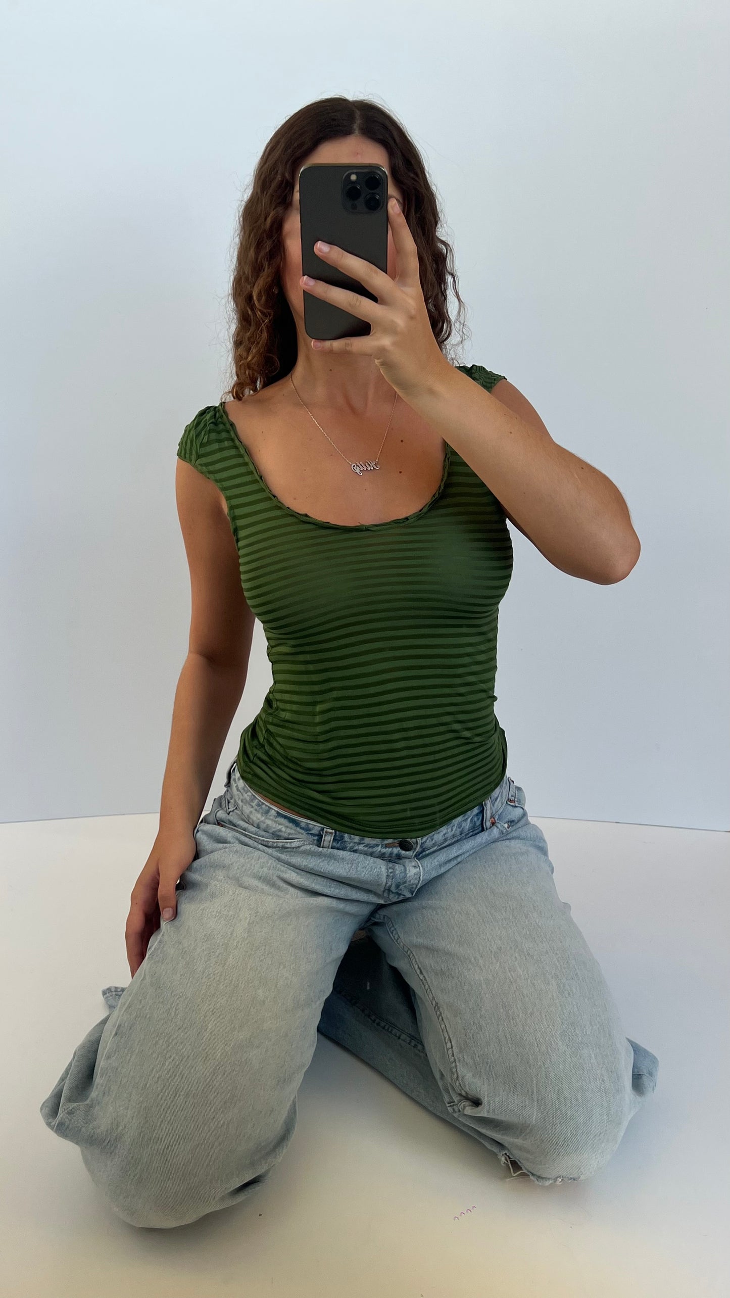 00s green striped top- size M