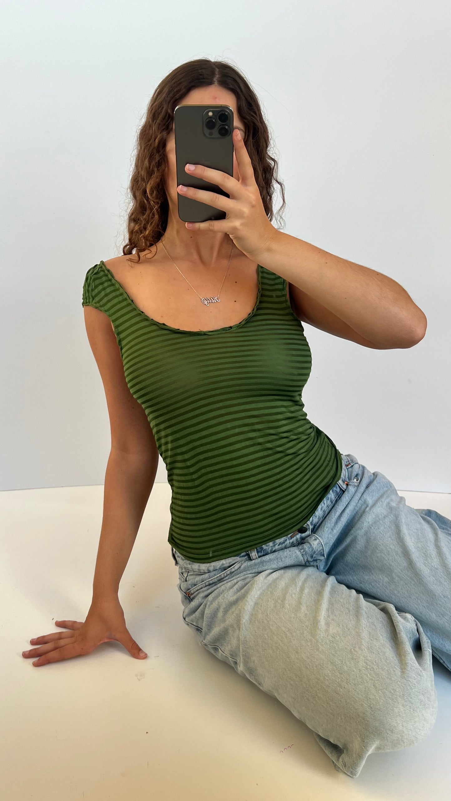 00s green striped top- size M