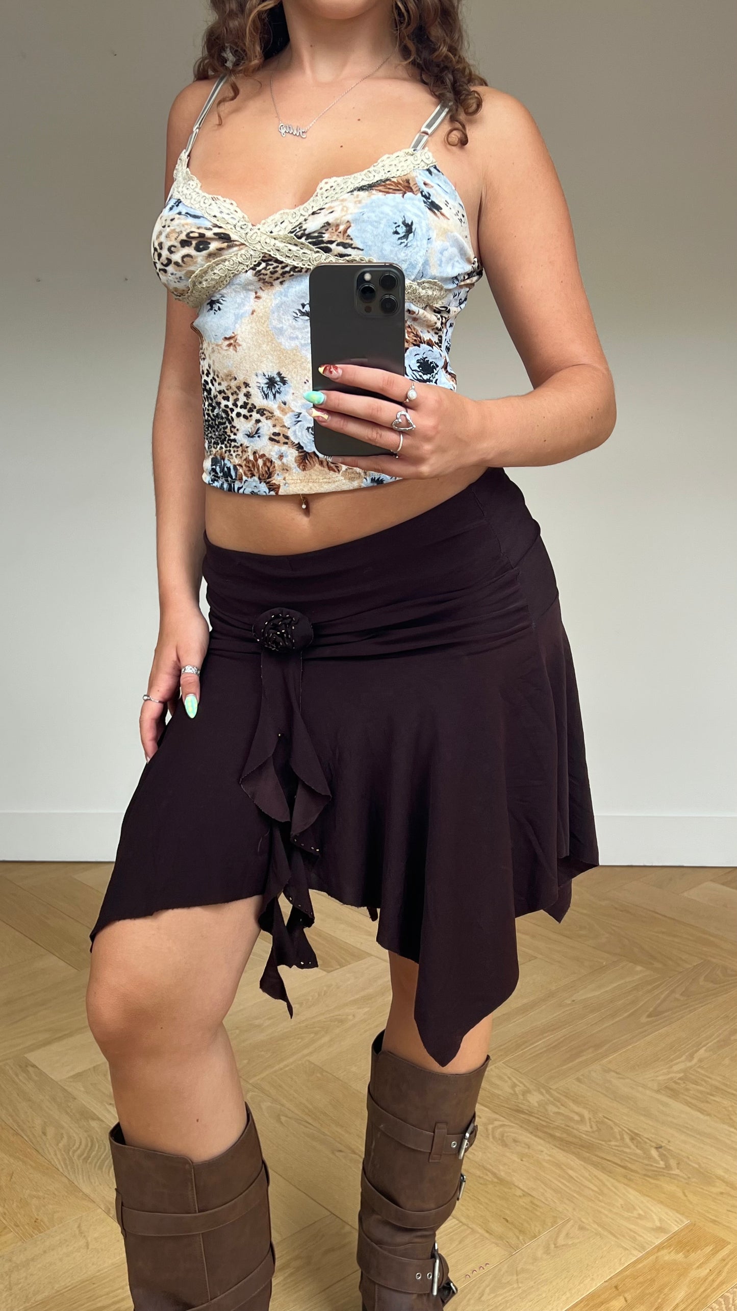 00s brown asymmetric midi skirt- size S