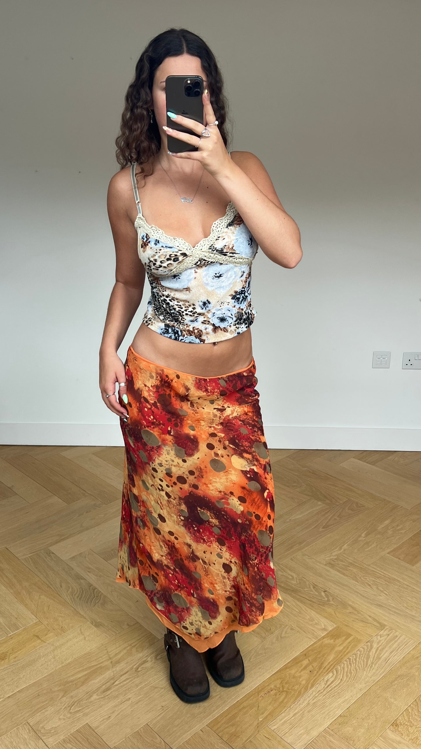 00s orange mesh maxi skirt- size L