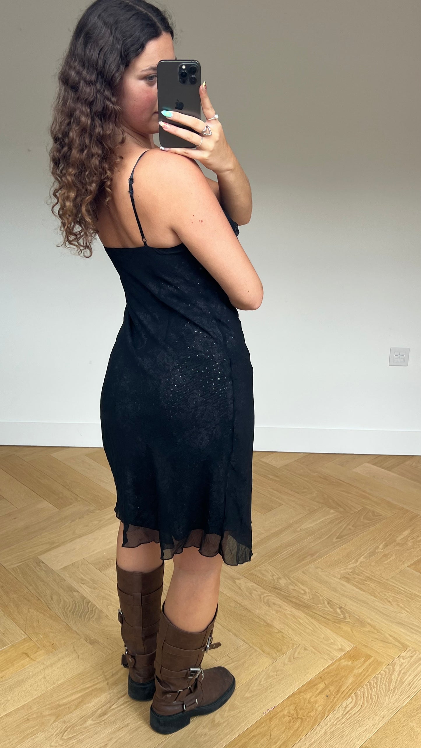 00s black glitter midi dress- size L