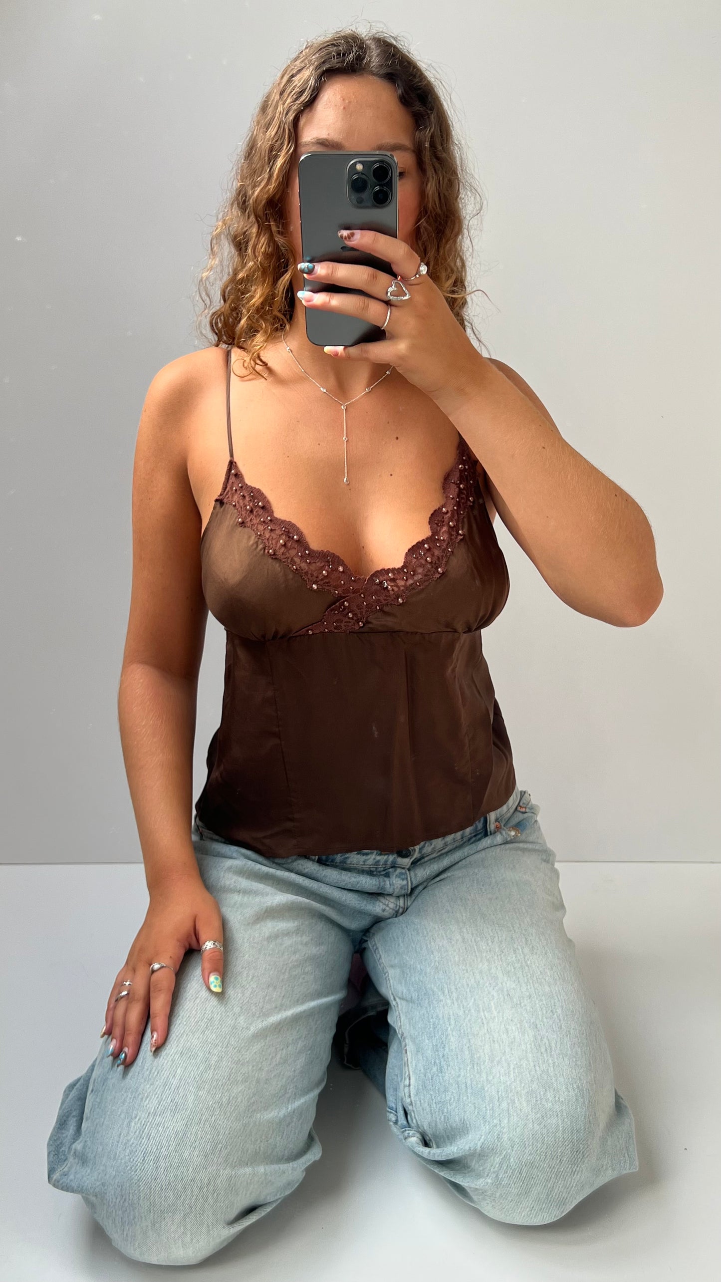 00s silk brown lace cami- size S