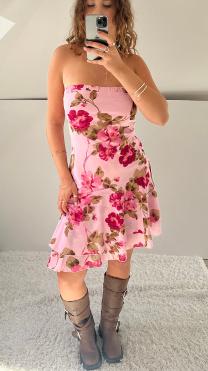 00s pink floral midi dress- size L