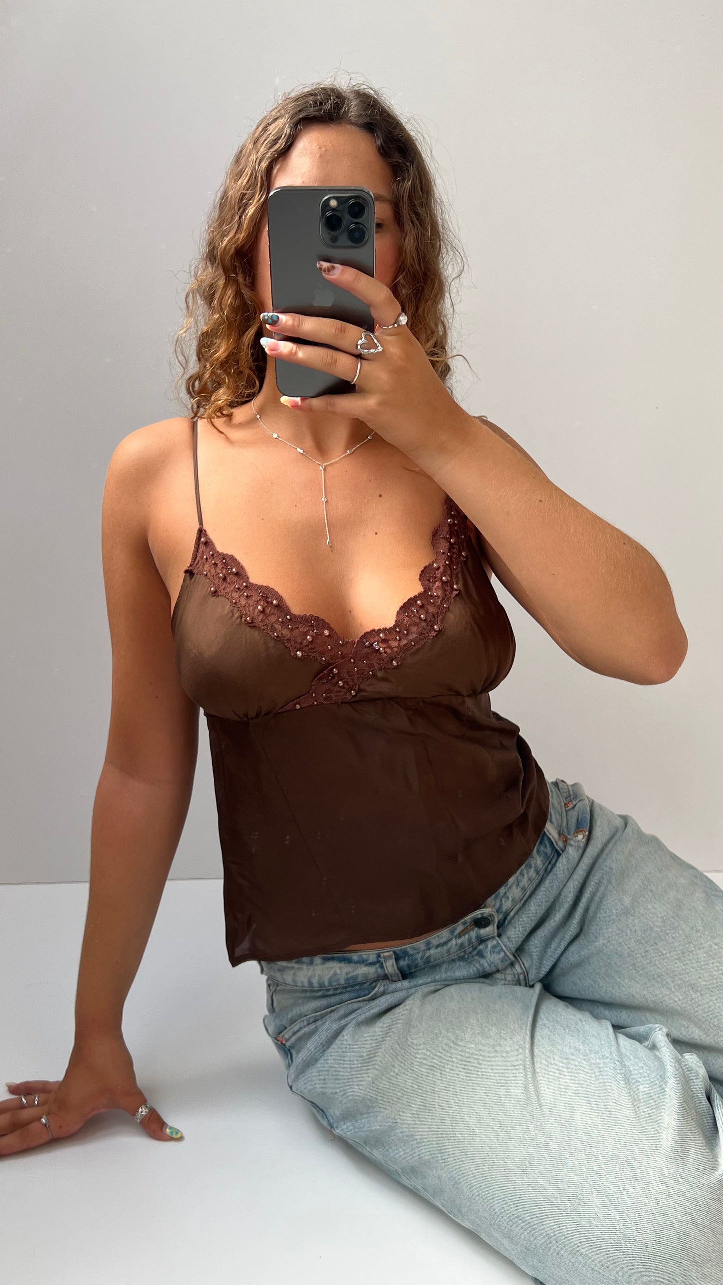 00s silk brown lace cami- size S