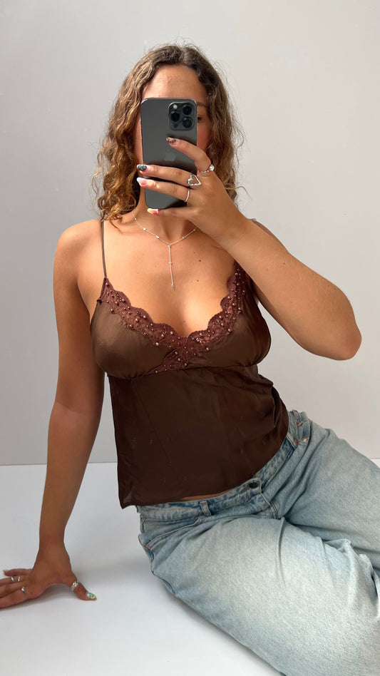 00s silk brown lace cami- size S