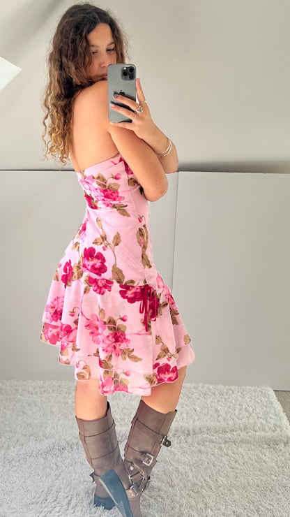 00s pink floral midi dress- size L