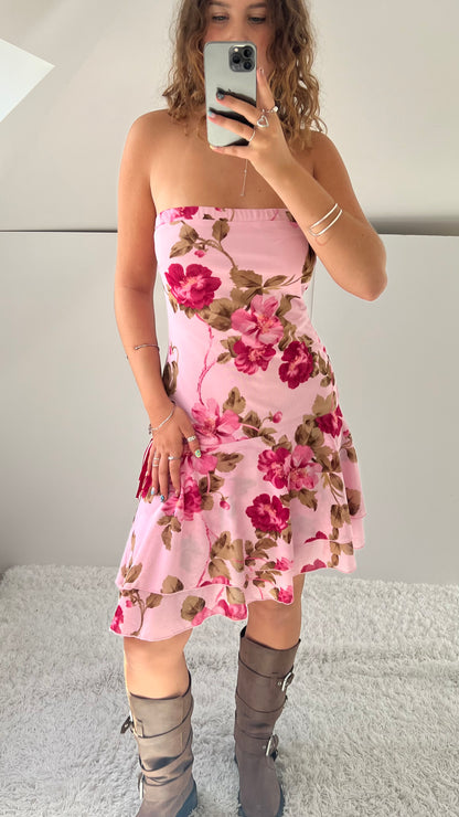 00s pink floral midi dress- size L