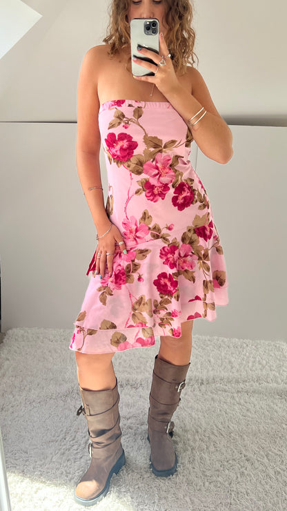 00s pink floral midi dress- size L