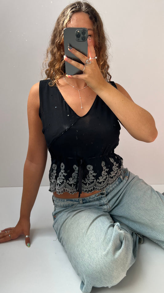 00s silk black babydoll top- size M.