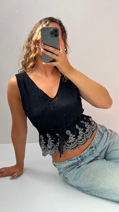 00s silk black babydoll top- size M.
