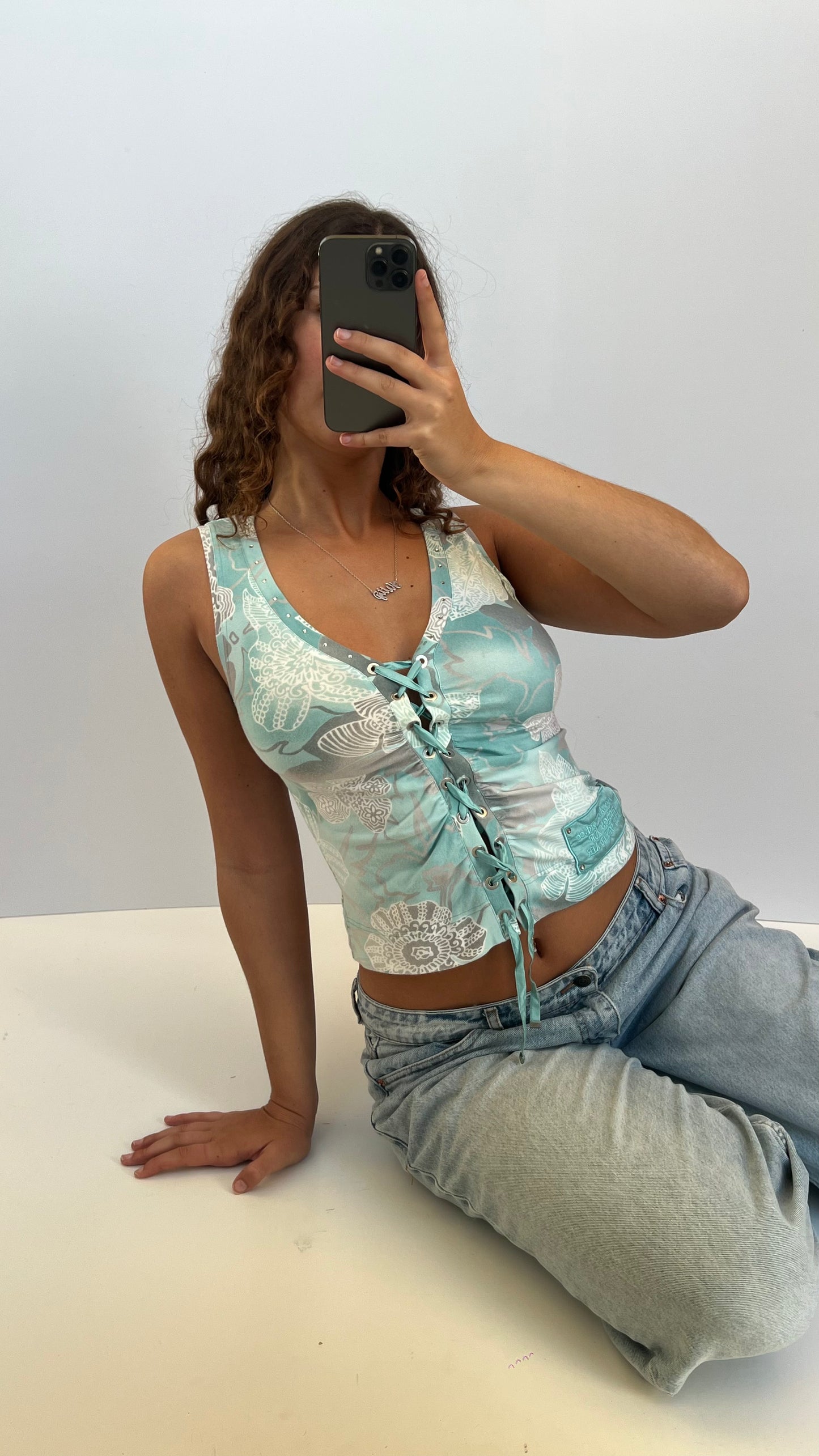 00s blue floral top- size S