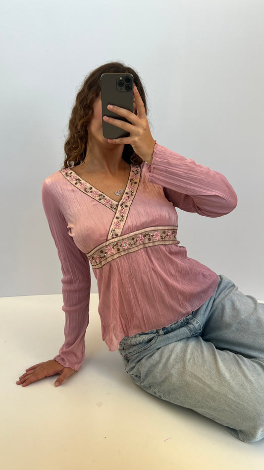 00s pink mesh long sleeve top- size S
