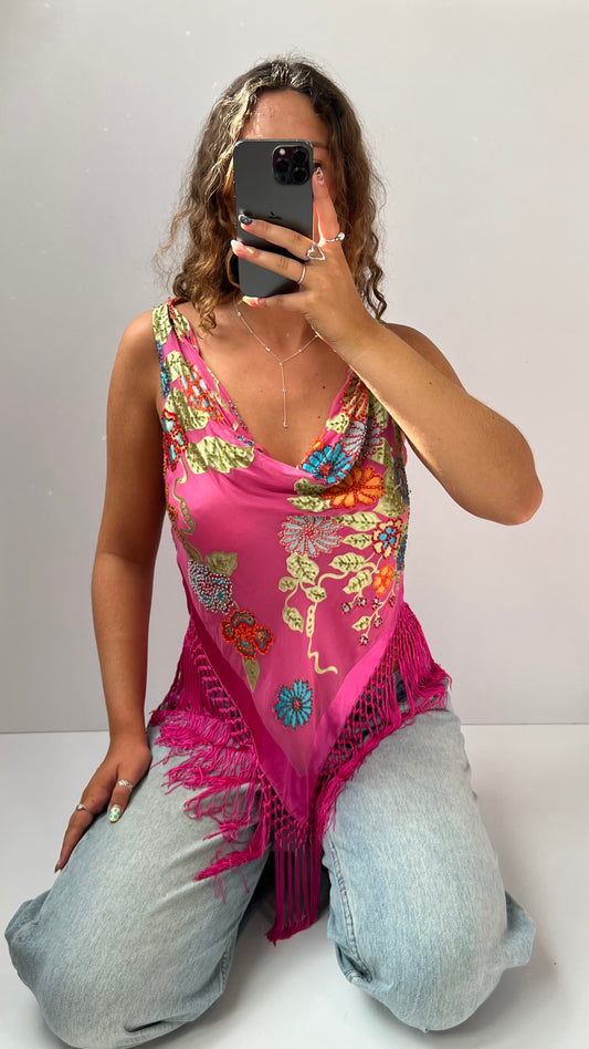 00s pink sequin cowl neck top- size L
