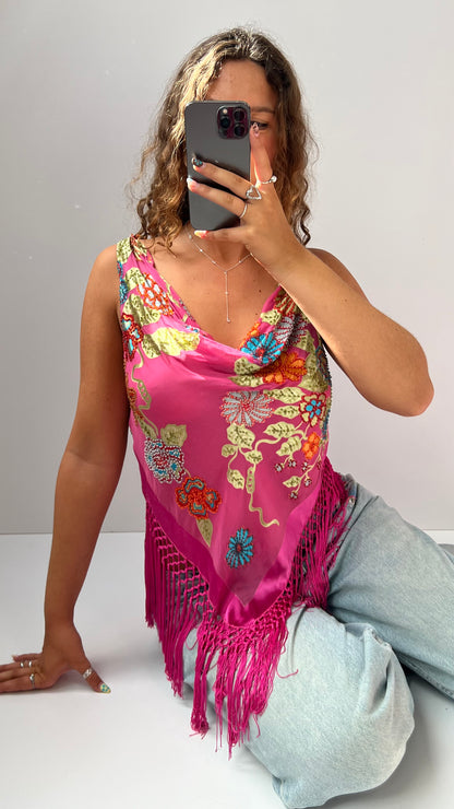 00s pink sequin cowl neck top- size L