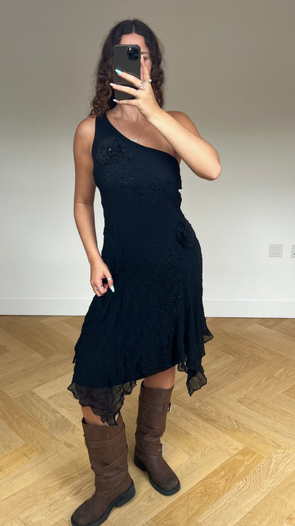 00s silk black midi dress- size M