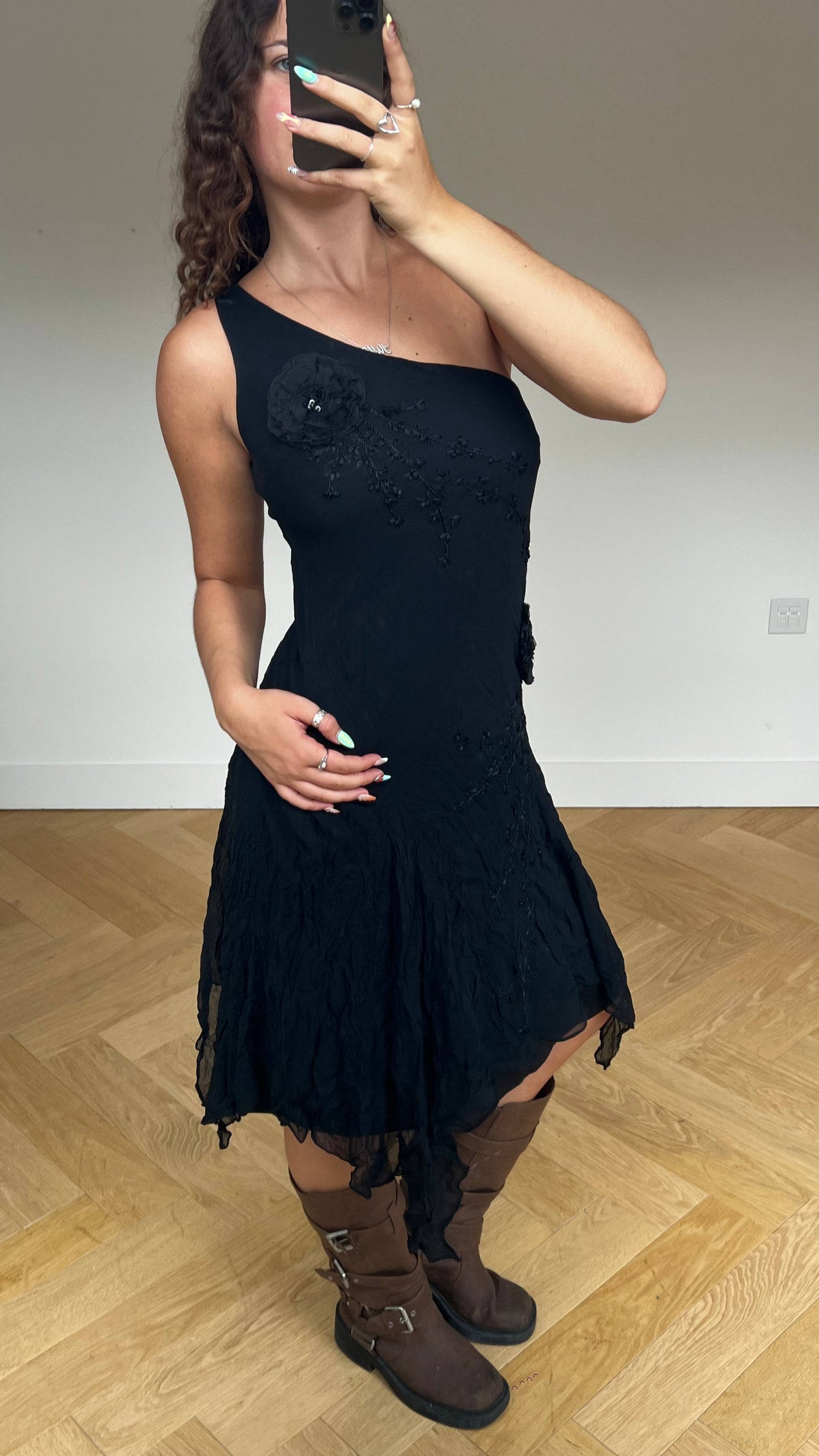 00s silk black midi dress- size M