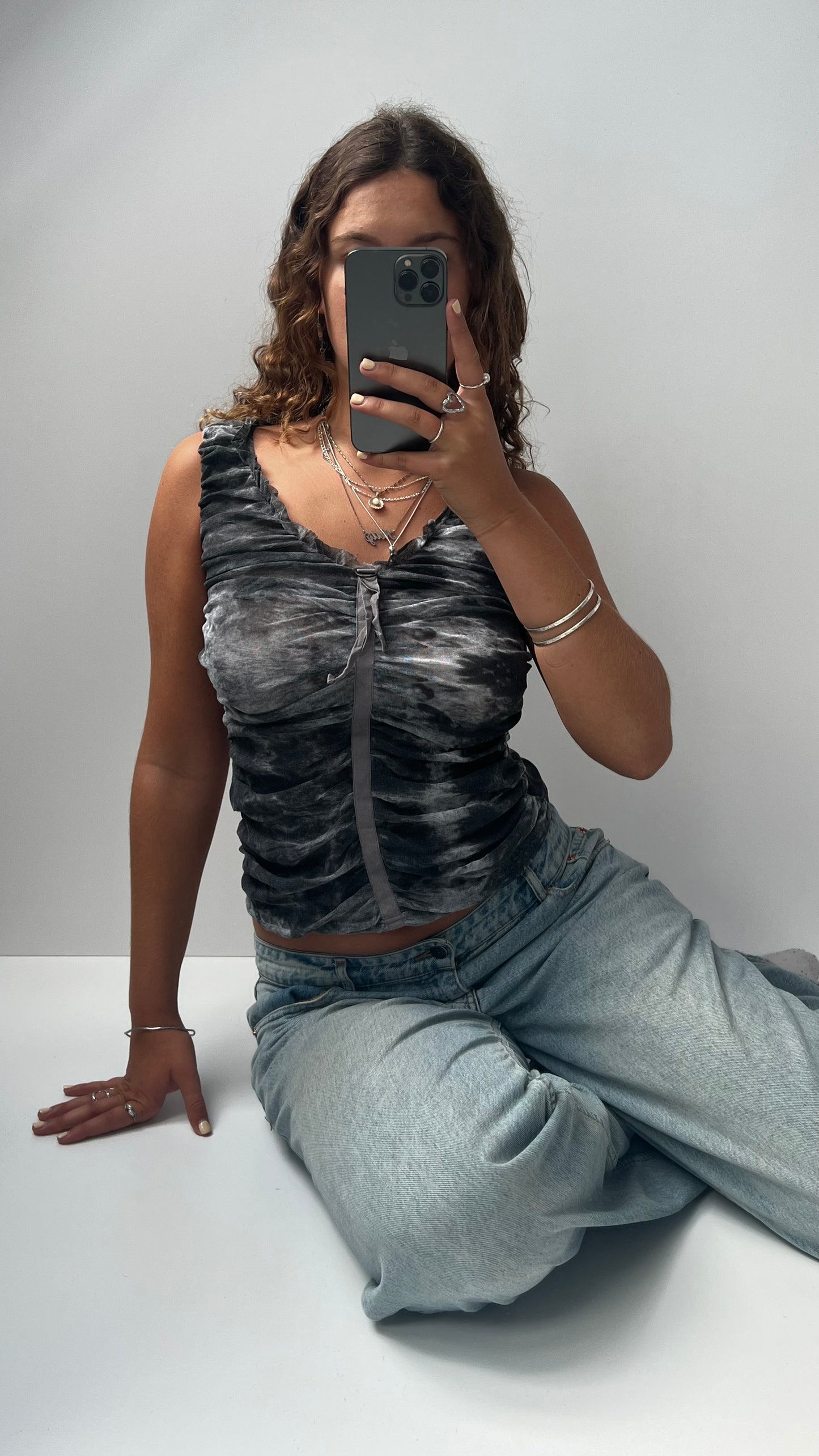 00s grey mesh ruched tank top- size M