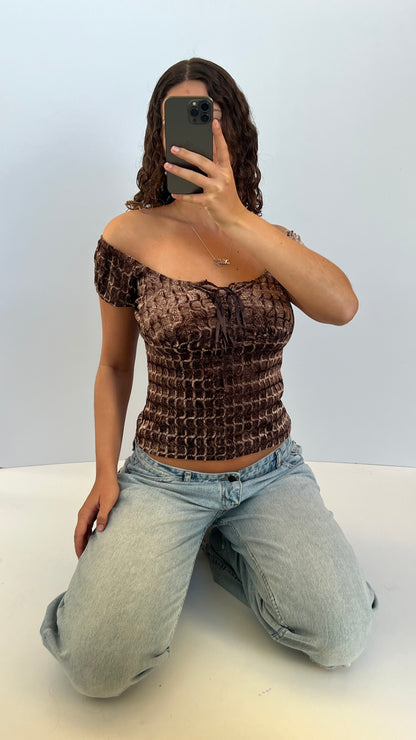 00s brown velvet milkmaid top- size M
