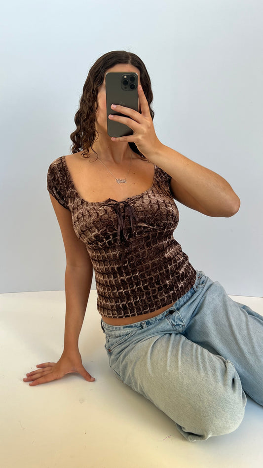 00s brown velvet milkmaid top- size M