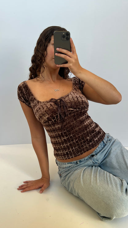 00s brown velvet milkmaid top- size M