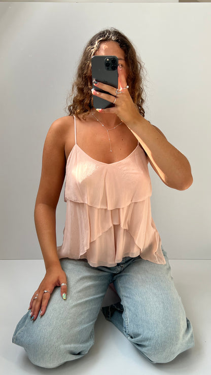 00s pink mesh ruffle cami- size M