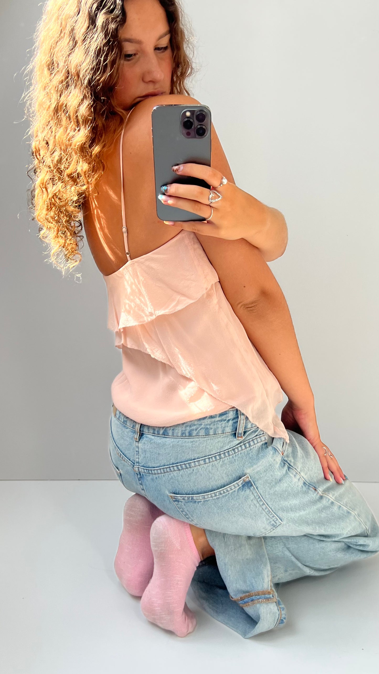 00s pink mesh ruffle cami- size M