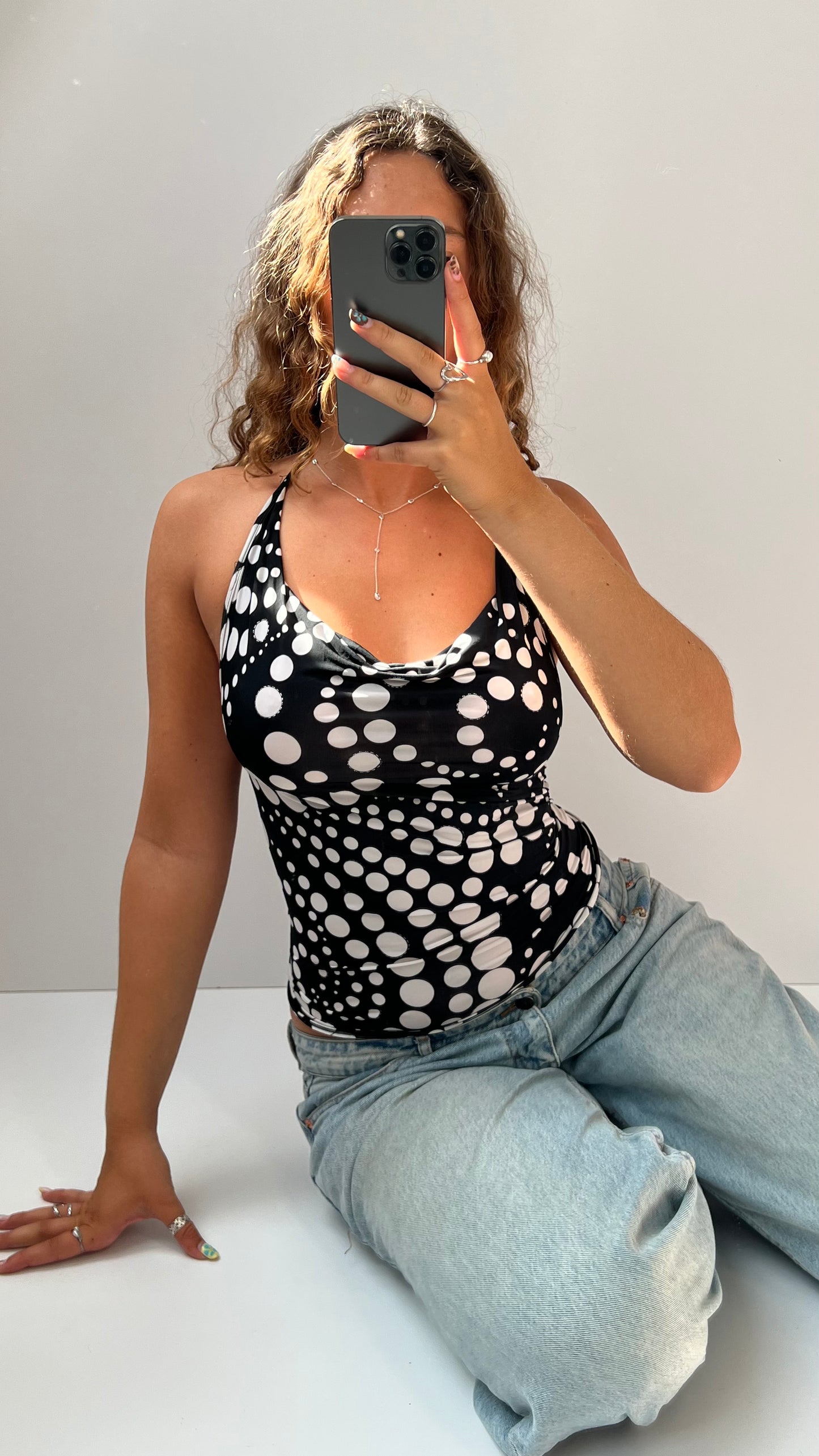 00s black polka dot halter cami- size S