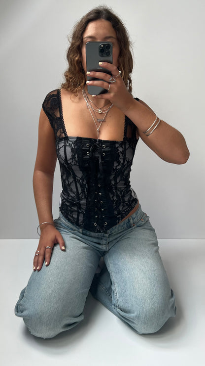00s black lace up milkmaid top- size S