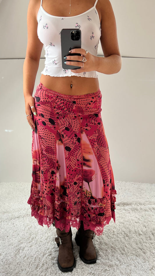 00s pink patchwork mesh midi skirt- size S