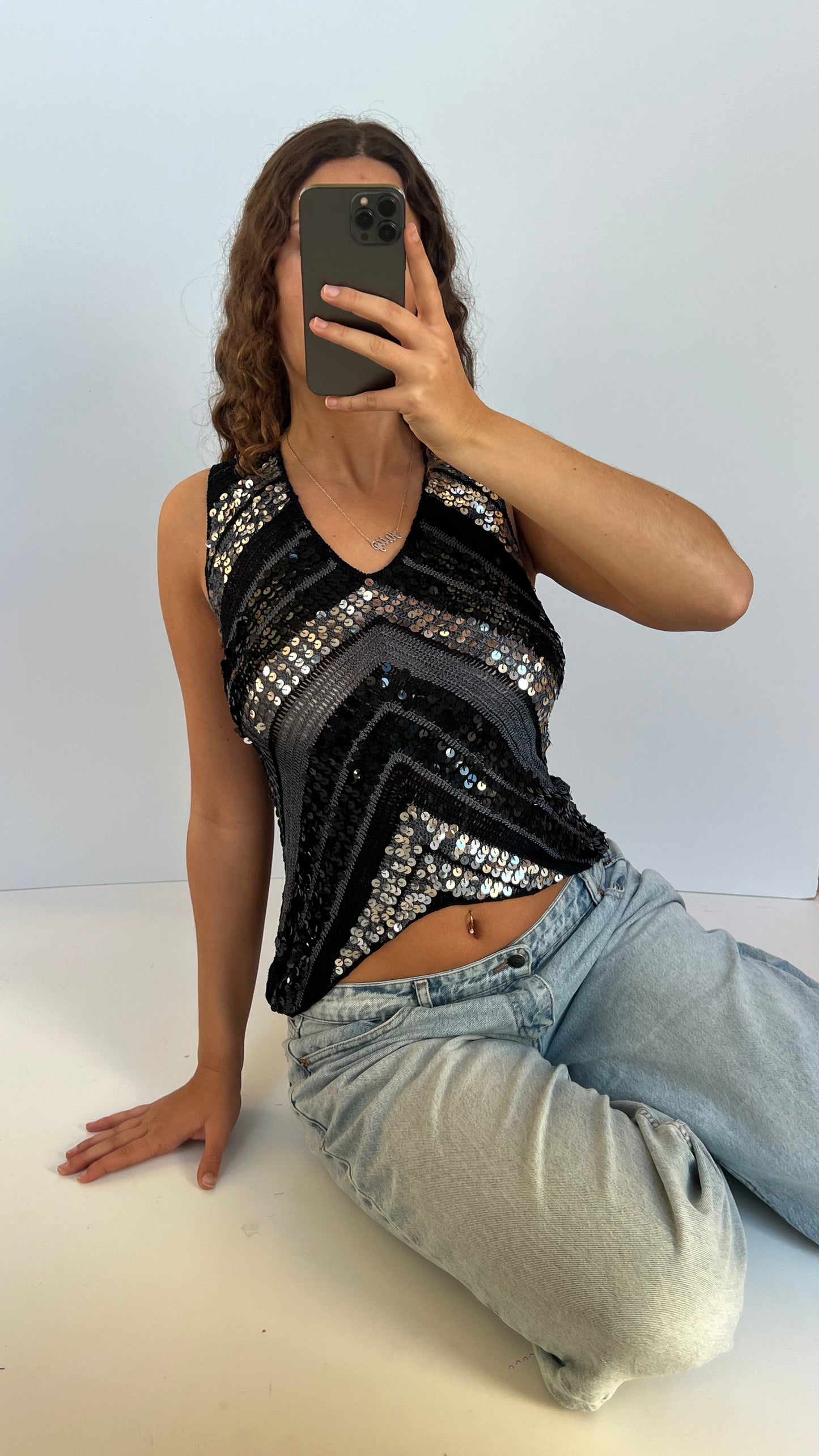 00s black crochet sequin top- size M
