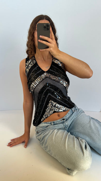 00s black crochet sequin top- size M