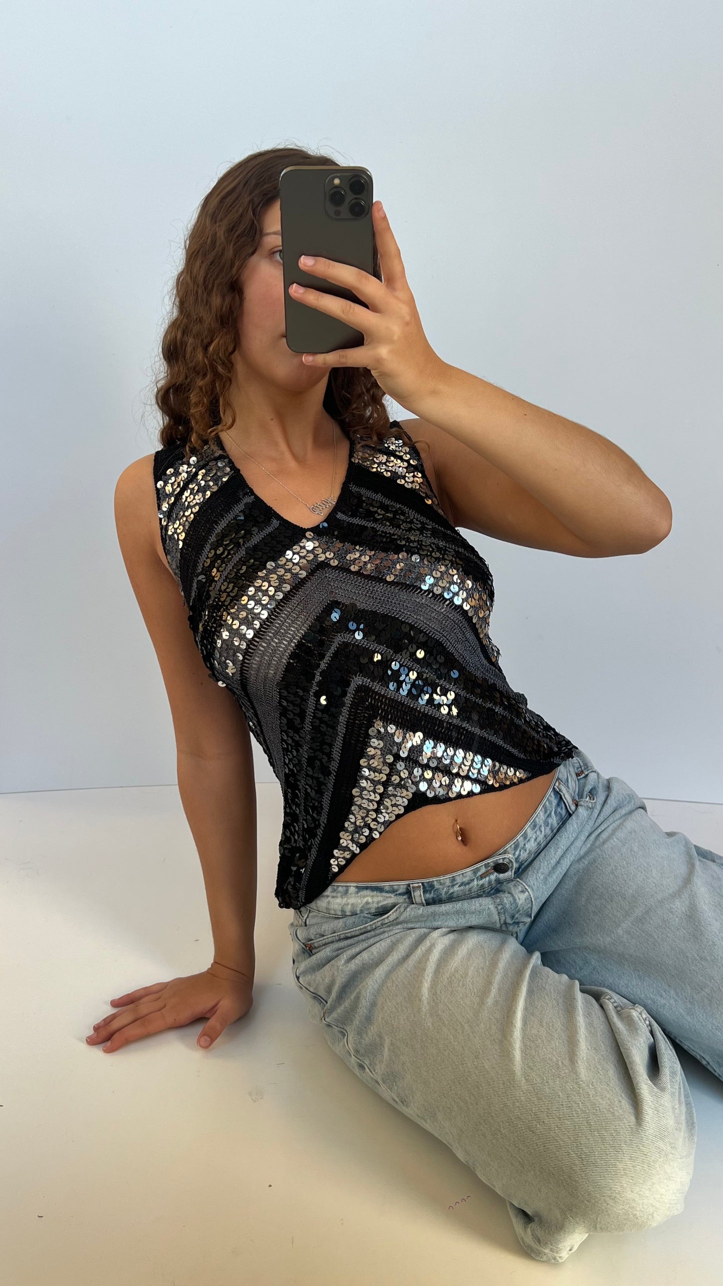 00s black crochet sequin top- size M