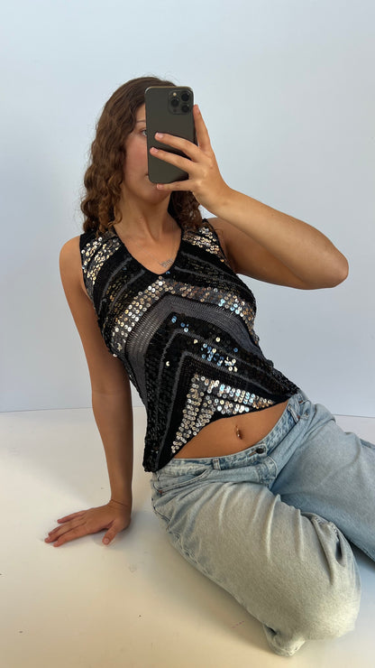 00s black crochet sequin top- size M