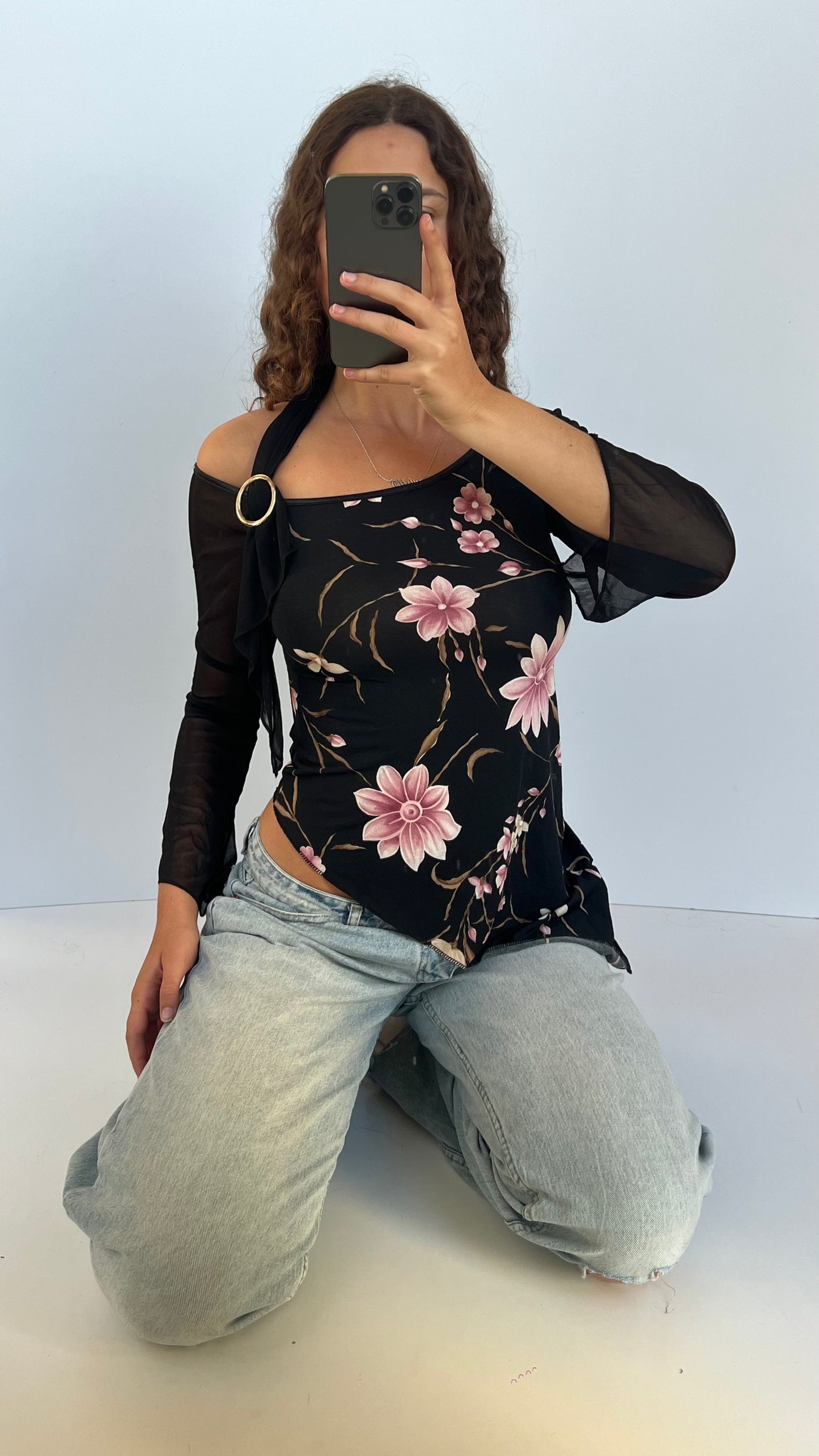 00s black floral asymmetric top- size M