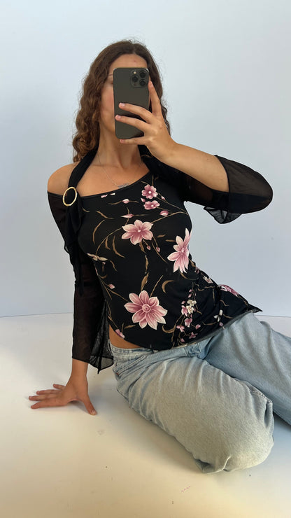 00s black floral asymmetric top- size M