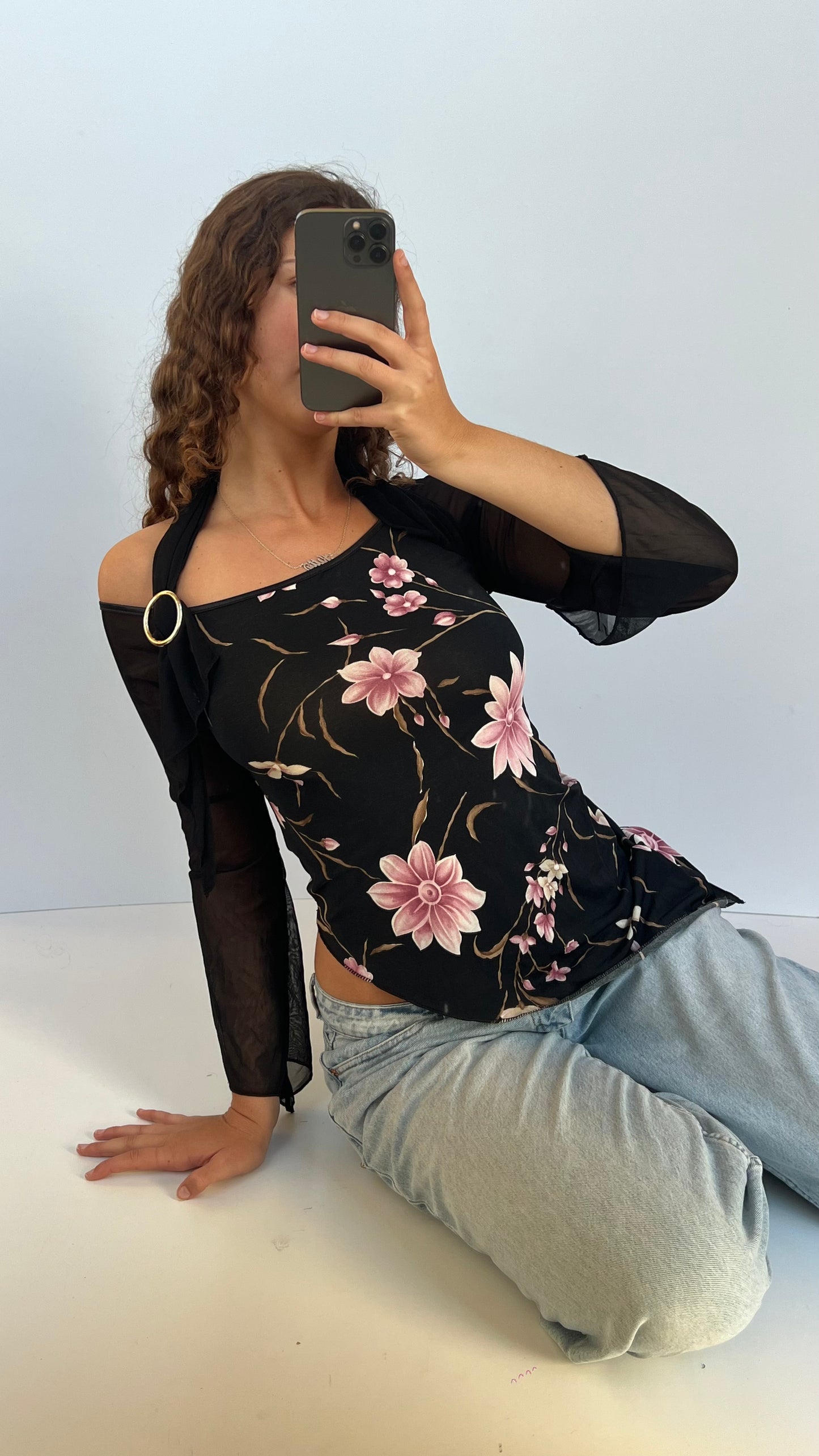 00s black floral asymmetric top- size M