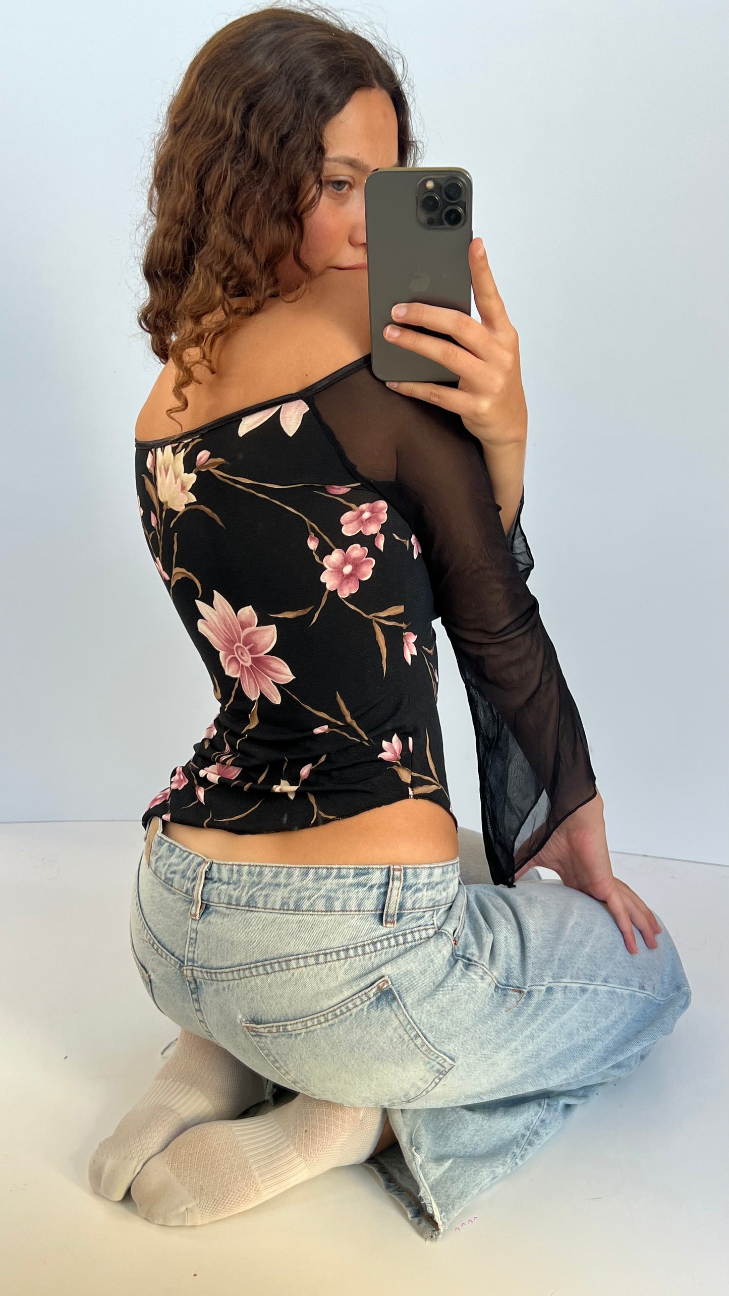 00s black floral asymmetric top- size M