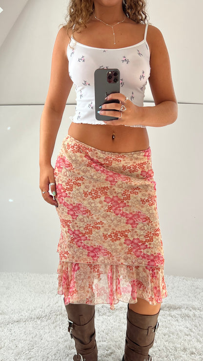 00s pink floral mesh midi skirt- size S/M