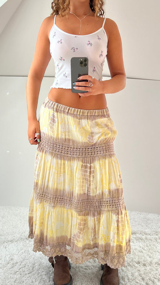 00s boho yellow tiered maxi skirt- size M