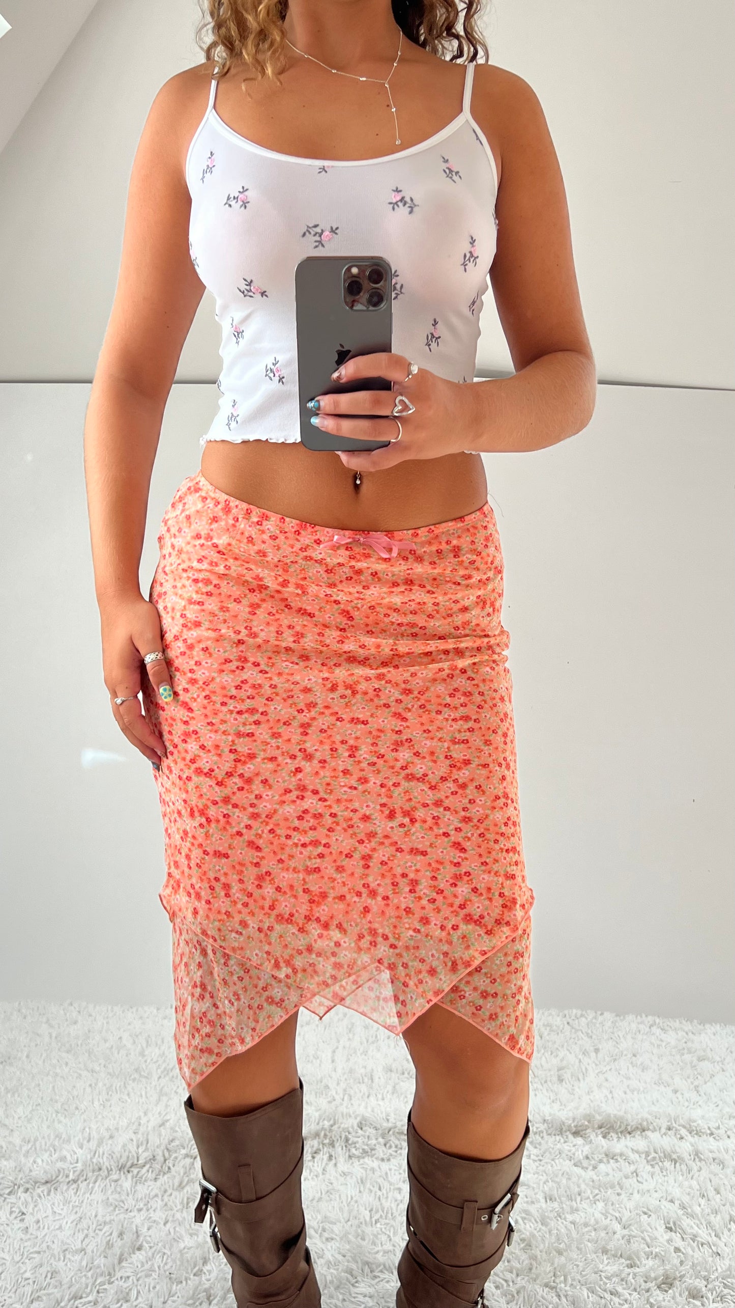 00s pink floral mesh midi skirt- size XS