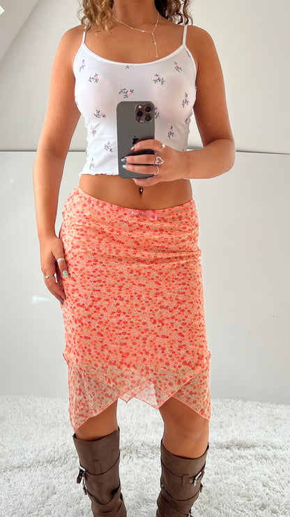 00s pink floral mesh midi skirt- size XS