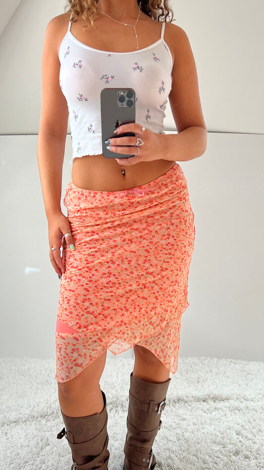 00s pink floral mesh midi skirt- size XS